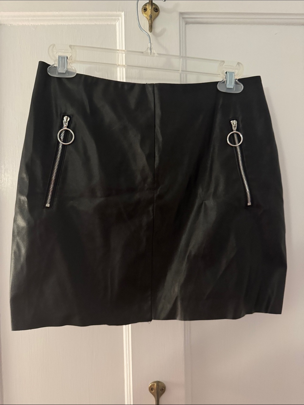 Black Faux Leather Mini Skirt with Zip Pocket Accents